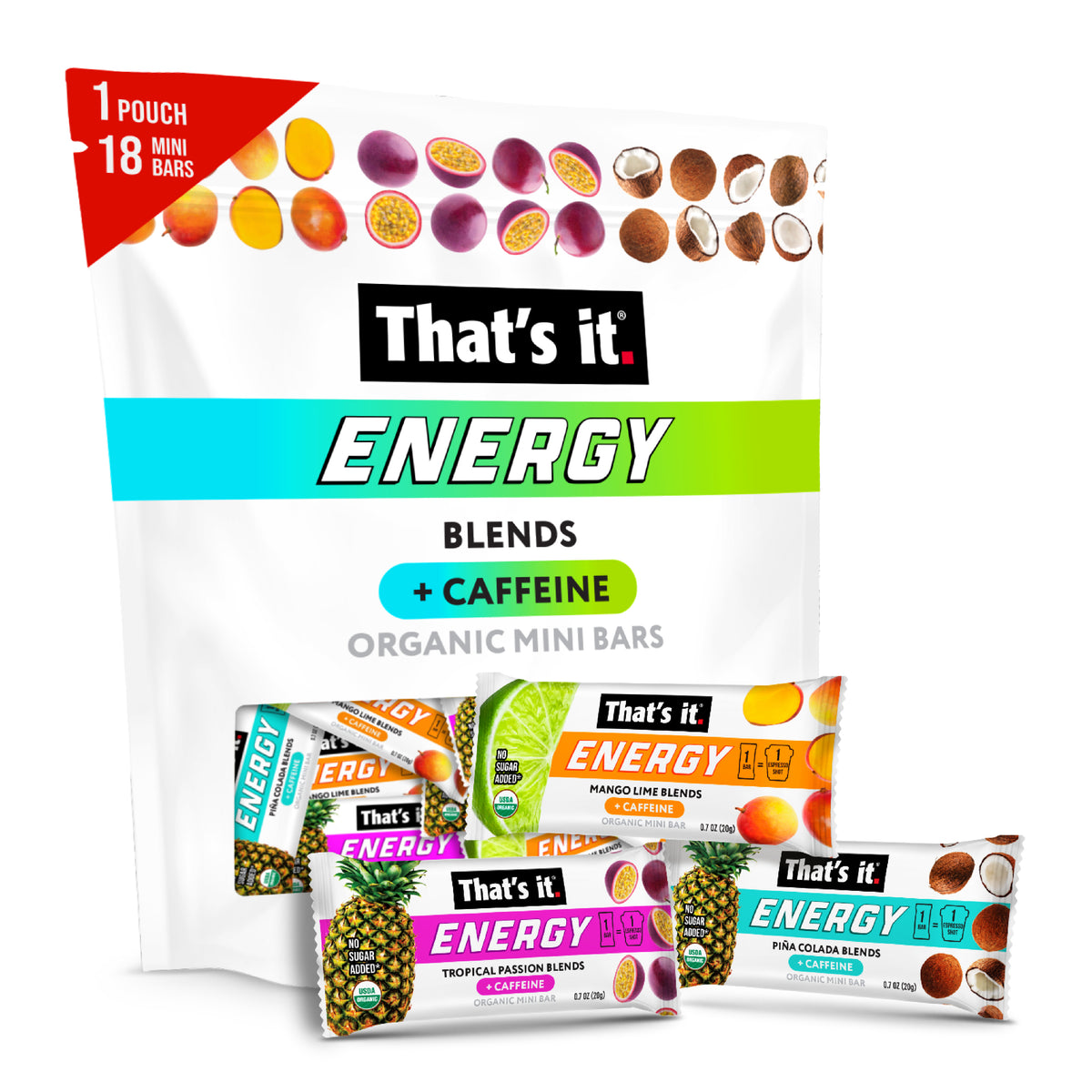 Organic Energy Minis Variety Pack - Mango Lime, Piña Colada & Tropical Passion (18 Bars)